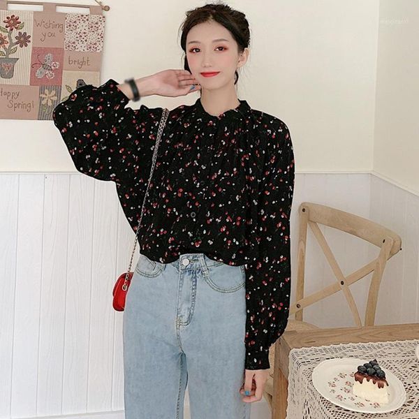 

women's floral printing blouses round neck single breasted loose leisure long sleeve chiffon blouse shirts1, White