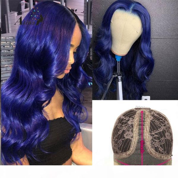 

atina 6inch deep part lace human hair wig pre plucked brazilian natural hairline remy blue colored wavy hd transparent lace wig, Black;brown