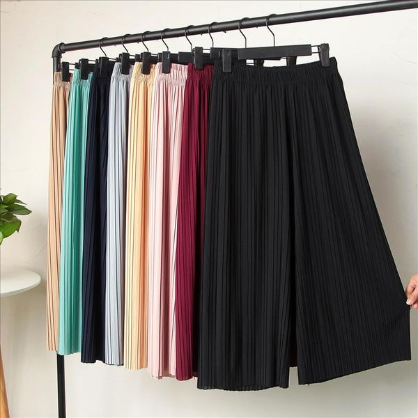 

pleated chiffon pant wide leg pants female summer new korean version of nine high waist loose loose mm pants, Black;white