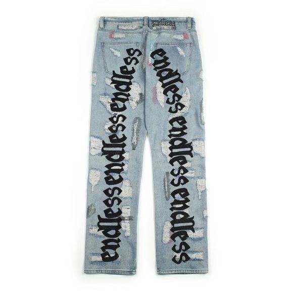 Calça Jeans Endless Masculina Feminina de Alta Qualidade Hip Hop Calça Jeans Bordada Quebrada Old Hole Streetwear