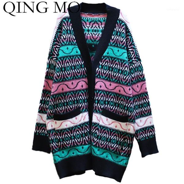 

qing mo black white women v neck knitted cardigan coat 2020 winter women vintage loose sweater coat oversized zqy58881