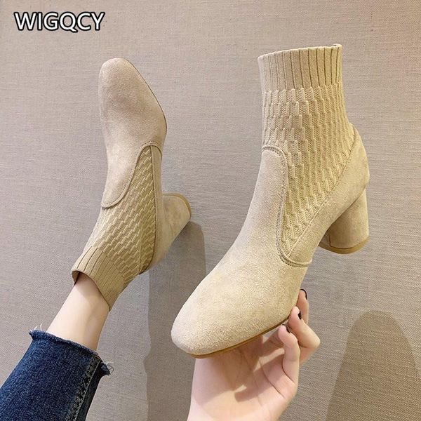 

2020 autumn winter new fashion simple elastic socks boots women high heels knit socks pointed toe women botas de mujer w22, Black