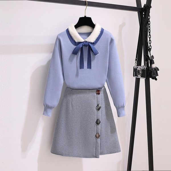 

women 2021 autumn winter o-neck sweater 2 piece set female clothes two piece outfits casual 2 pcs sets a-line skirt suit b542, Gray