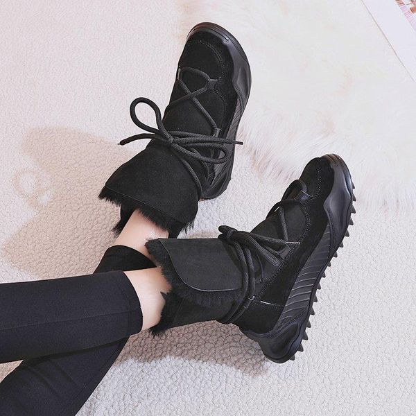 

замша faux платформы ботильоны dropshipping сгущает длинные плюшевые теплый снег сапоги женщины узелок плоскими пятками женская зимняя обувь, Black