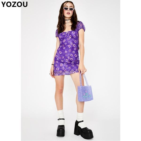 

women summer purple daisy mini dress short dress with bow slim short sleeve beach holiday 90s soft girl aesthetic, White;black