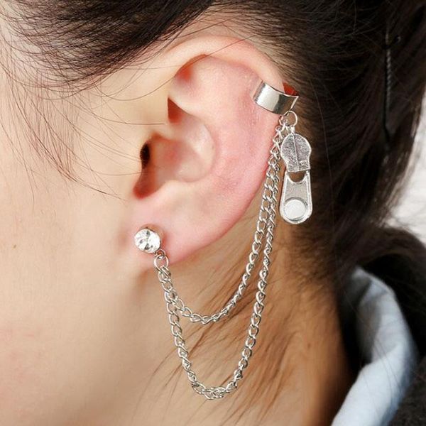 

vintage hiphop zipper long chain earring for women crystal stud earrings left ear clip punk jewelry, Golden;silver
