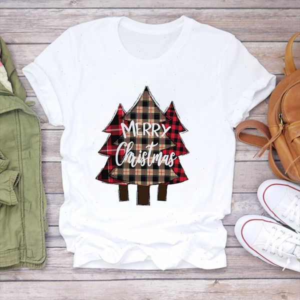 

women christmas plaid tree new year trend 90s clothes holiday print lady tshirt ladies graphic t shirts female tee t shirt, White