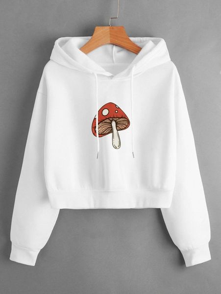 

mushroom print drop shoulder drawstring thermal crop hoodie c1lf#, White;black