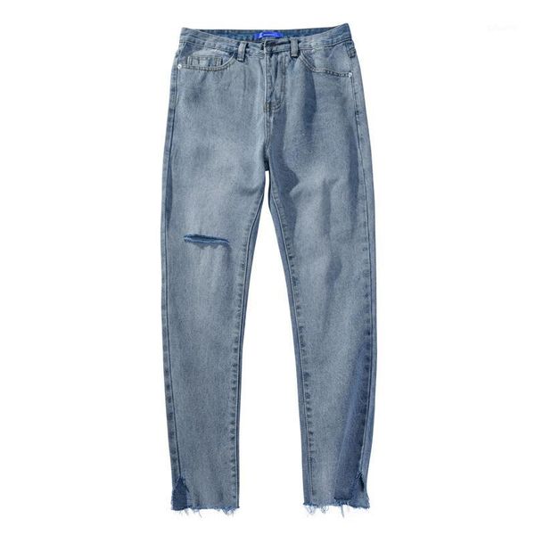 

summer 2020 washing men's pants knee hole beggar cowboy pants korean trendy students feet jeans straight jeans1, Blue