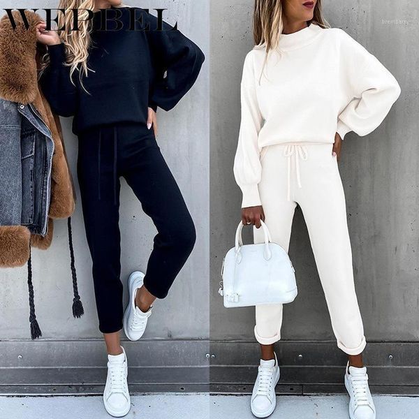 

wepbel autumn winter fashion solid color sports suit women's casual long sleeve o-neck sweatshirt + lace-up pencil pants suit1, Gray