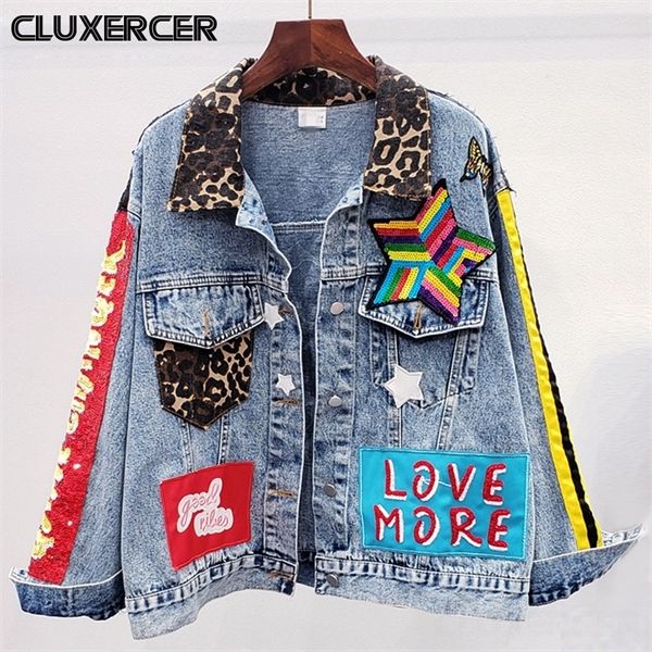 

vintage leopard print denim jackets coat women spring autumn diamonds sequins casual loose jeans coatx1016, Black;brown