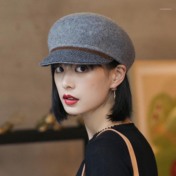 

Beret British autumn winter women's Woolen duck tongue octagonal hat with tide bud hat solid color woolen Beret1, Blue;gray