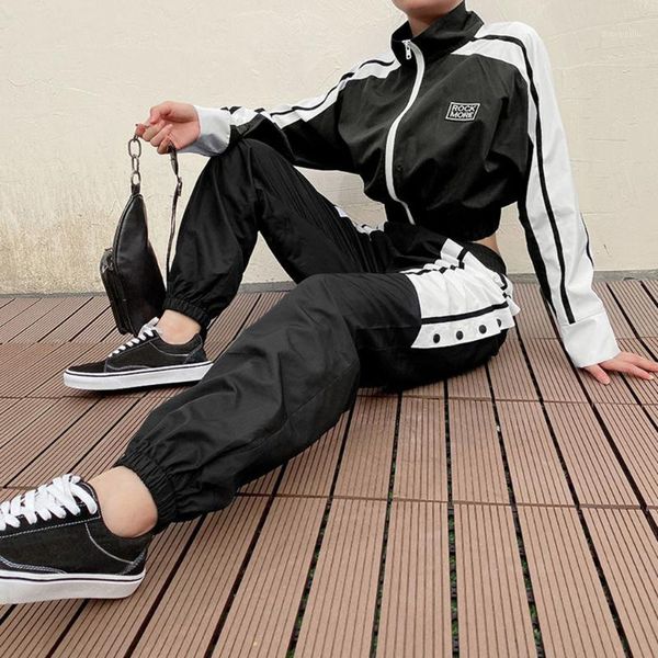 

gym clothing tracksuit women two piece set streetwear splice cropped pullover sweatshirt and side striped pants sets#y151, White;black