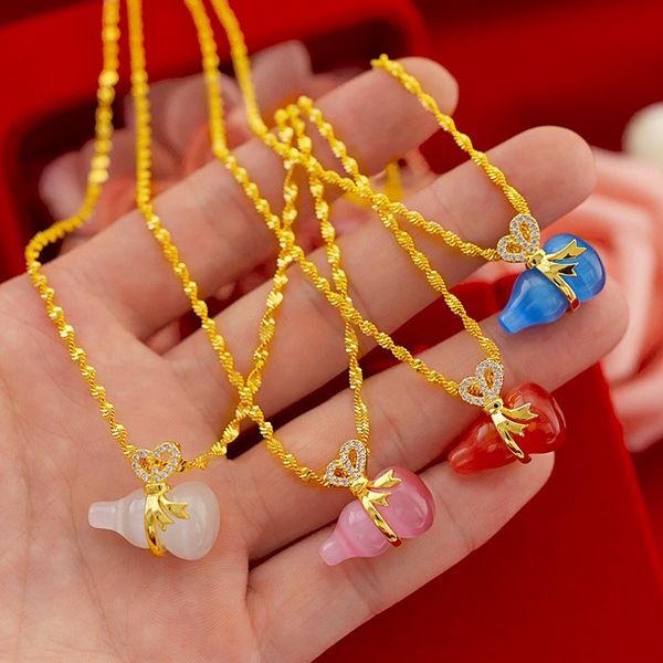 

cat's eye stone gourd 18k yellow gold filled secure style lucky pendant chain for women lady pretty exquisite gift, Silver