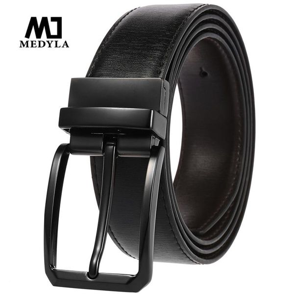

medyla mens natural cowhide belt casual business style double-sided belt men senior black rotating buckle suit dropshipping, Black;brown