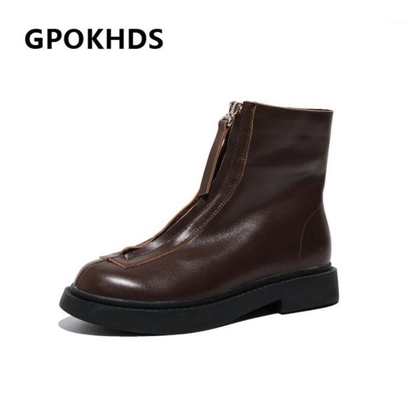 

gpokhds 2021 women ankle boots cow leather winter short plush round toe zipper med heels female riding boots size 401, Black