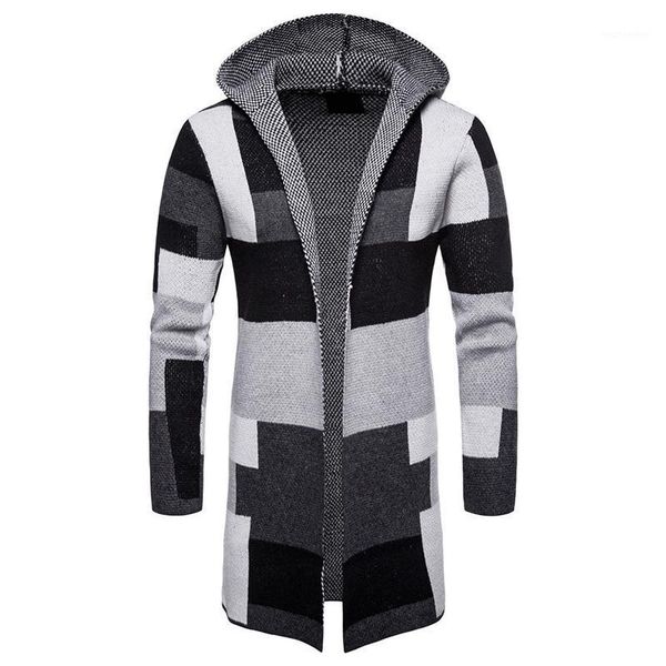 

new autumn men cardigan sweater long hooded men's knitwear patchwork sweatercoat male british style knitted sweater1, White;black