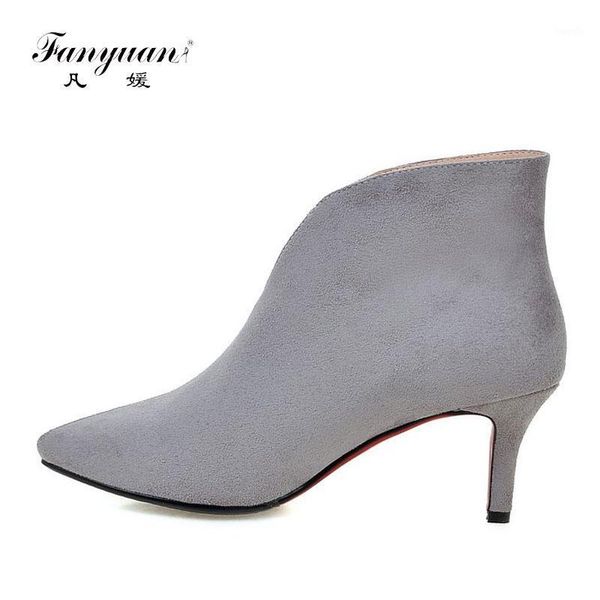 

boots fanyuan women thin heel for winter slip on v-closure type plain pointed toe med heels ankle plus size1, Black