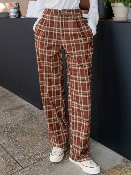 

dazy plaid slant pocket straight leg pants l0fh#, Black;white