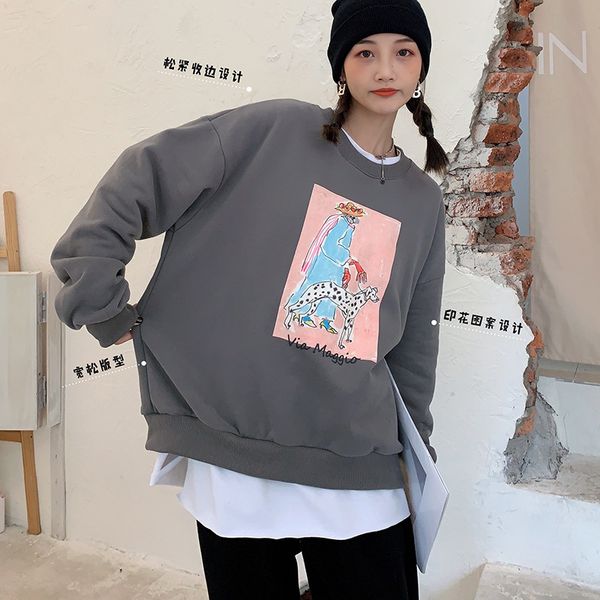 

осенью и зима 2020 женская корейская версия новый свободный и ленивый стиль верхний напечатанный круглый шейный пуловер утолщенный теплый св, Black