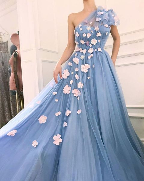 

one shoulder ball gown dresses with flowers floor length tulle 2020 new arrival fashion gala graduation dresses for girls custom made, White