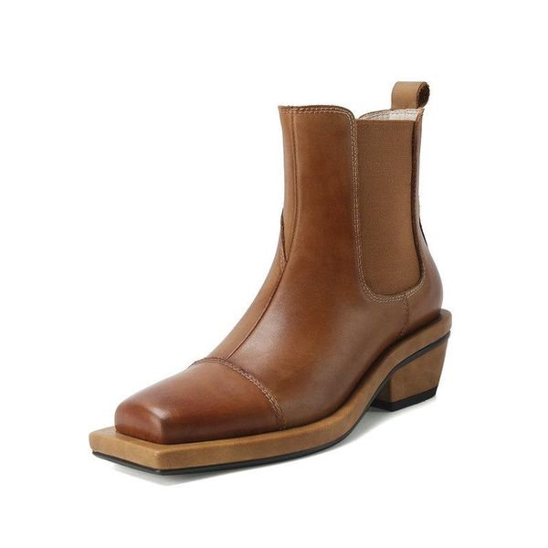 

retro cow leather shoes woman elastic band square toe thick heels ankle boots 2021 autumn winter working boots, Black