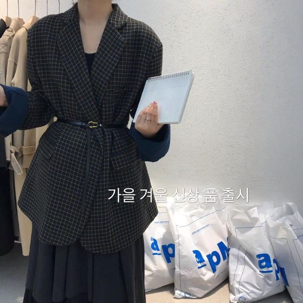 

small plaid double-sided wool coat women's autumn and winter mid length lace up woolen suit woollen cloth small coat, Black