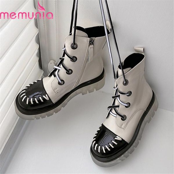 

memunia 2020 new arrival ankle boots genuine leather boots fashion lace up comfortable casual ladies shoes mixed colors, Black