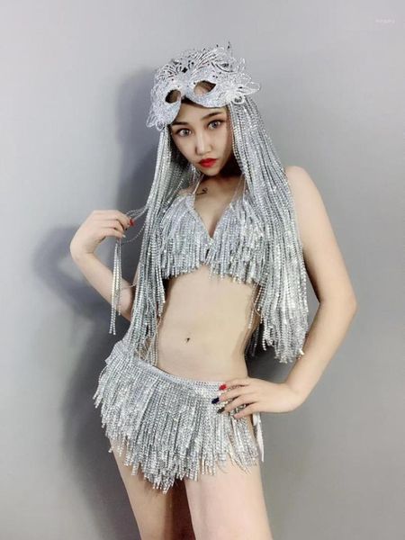 

women new silver shining crystal tassel backless bodysuit black fringes bikini dance outfit bar nightclub dj singer costume1, Black;red