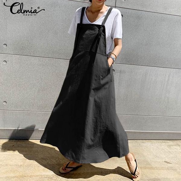 

2020 celmia women vintage linen dress fashion suspender sundress sarafan loose overall dresses female casual strappy vestidos 71, Black;gray