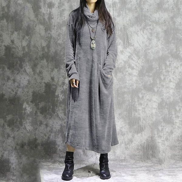 

zanzea women turtleneck corduroy dress winter long sleeve vintage solid long sundress baggy vestido plus size kaftan dresses 5xl, Black;gray