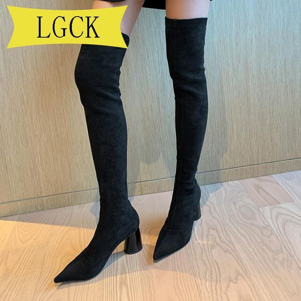 

boots big size 34-43 black stretch fabric woman long knee high square beige heeled pointy elasticity autumn