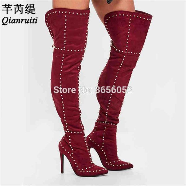 

qianruiti bota feminina rivet shoes woman metal studs over the knee long booties high heels suede leather thigh high boots1, Black
