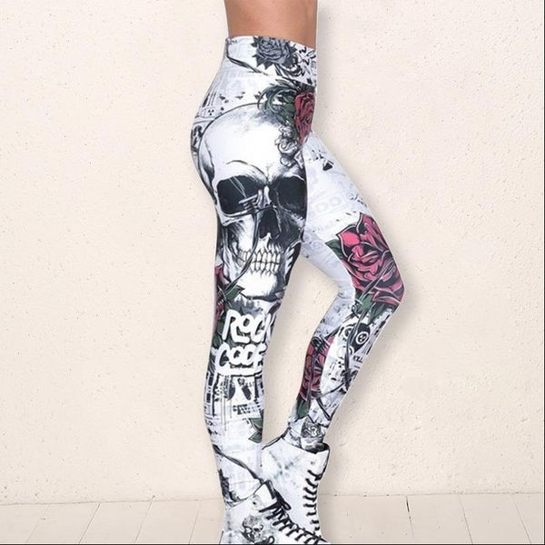 

2020 skull printed skinny slim women pants sport leggings push up tights gym exercise high waist running energy, Black