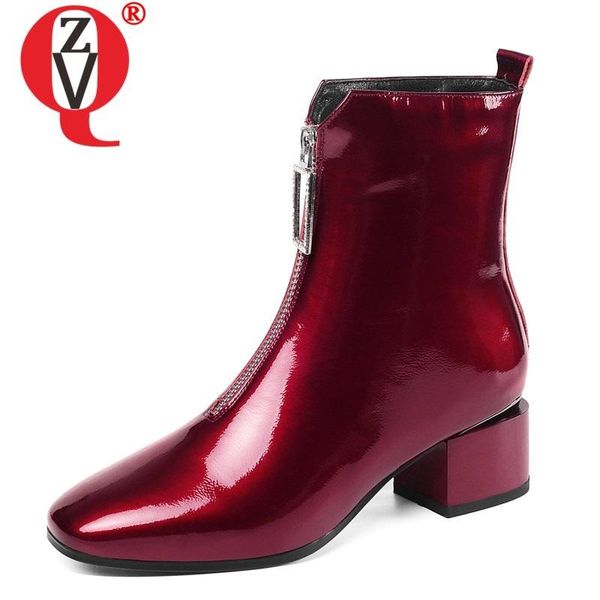 

zvq brand ankle boots genuine cow leather 5cm mid heels women's shoes wine red black zipper fashion booties winter boots