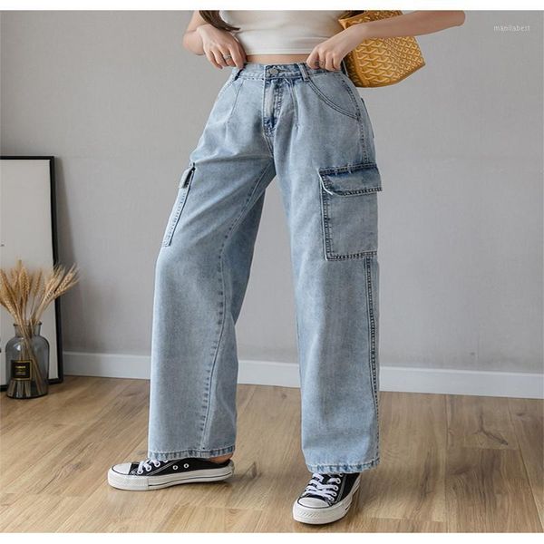 

women's jeans 2020 spring and autumn loose and fashionable wide-leg slim-fit workwear high waist nine-point straight pants1, Blue