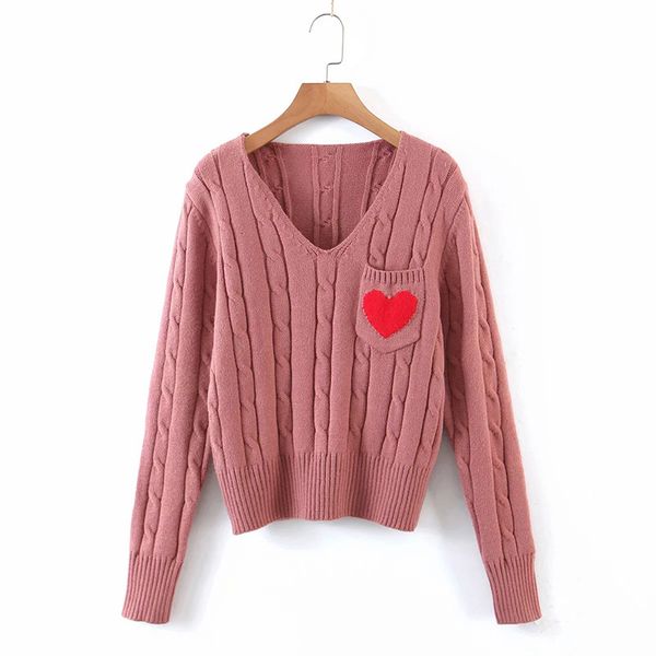 

2021 women new retro fashion heart-shaped pockets v-neck sweater female versatile variety of colors long-sleeved bottoming chic, White;black