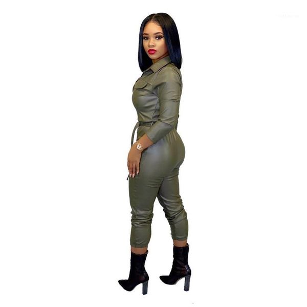 

women winter autumn long sleeve pu lace up jumpsuit with belt1, Black;white
