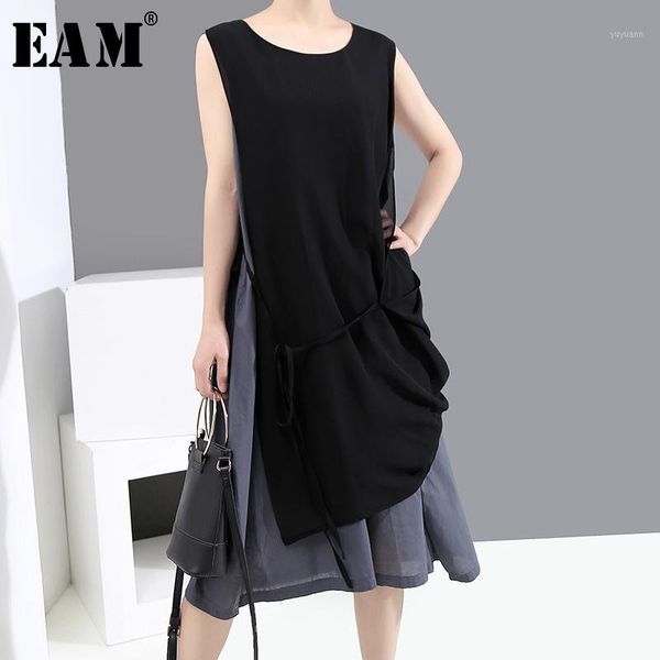 

eam] women gray irregular split joint midi dress new round neck sleeveless loose fit fashion tide spring summer 2020 1x1281, Black;gray