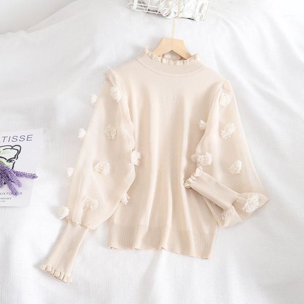 

new autumn women half turtleneck knitted pullovers floral chiffon patchwork sweater female long sleeve knitwear short a19131, White;black