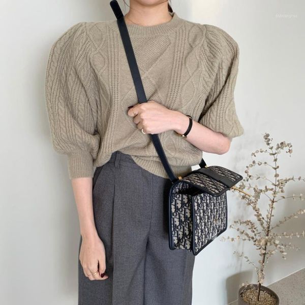 

2020 autumn sweater women korean puff sleeve o-neck solid color vintage loose ladies knitted female pullovers elegant1, White;black