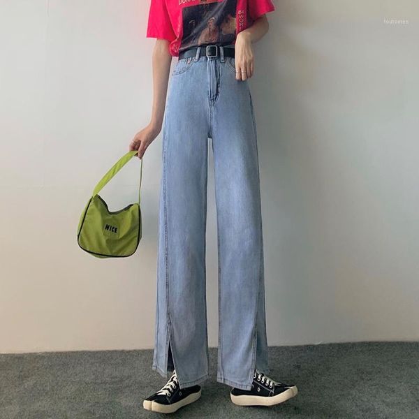 

blue high-rise jeans women's street style denim trousers with split cuffs cotton loose old-fashioned coated washed jeans 20211