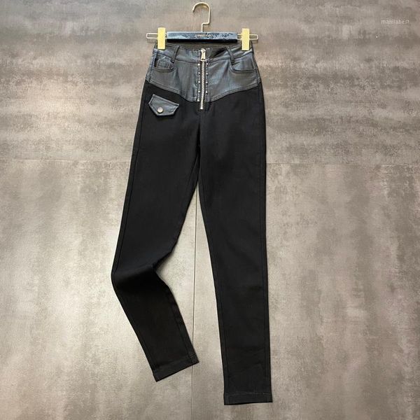 

early spring 2020 new zipper coating stitching zipper studs stretch slim fit pants1, Blue