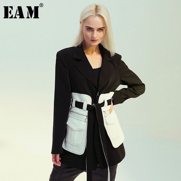 

[eam] loose fit black pocket split contrast color jacket new lapel long sleeve women coat fashion tide spring autumn 1m500 201027, Black;brown