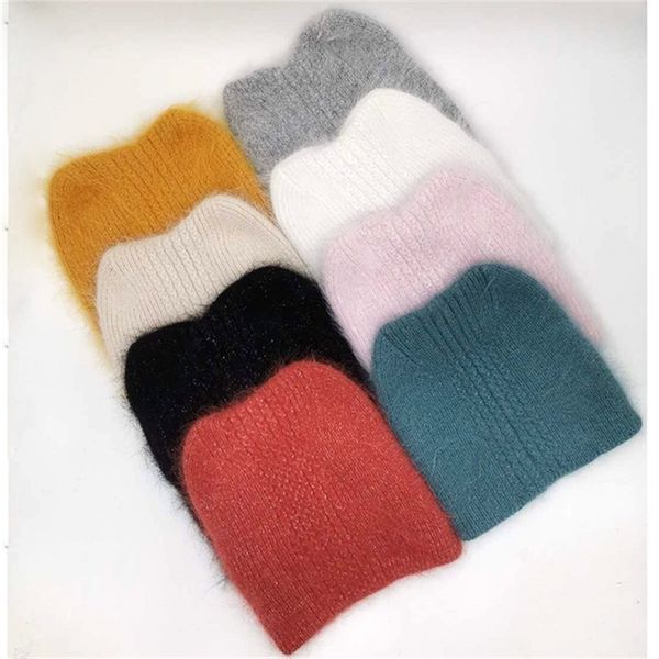 

rancyword] winter hats women wool knitted angora beanies female warm rabbit fur skullies beanie for girl lovely hat y201024, Blue;gray