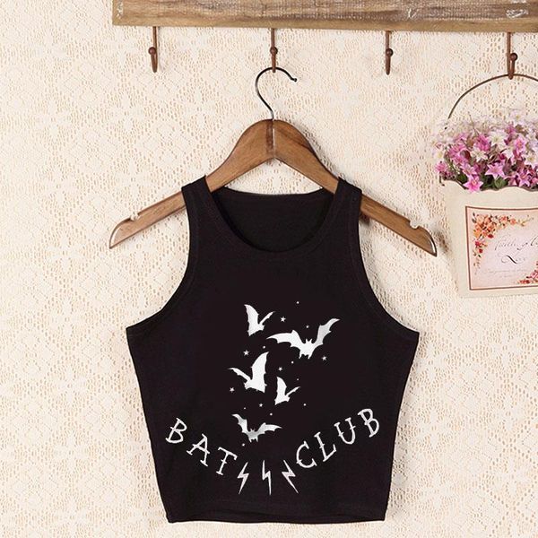 

bat club shirt gothic crop polyester women bats printed dark fashion graphic grunge style cami black, White