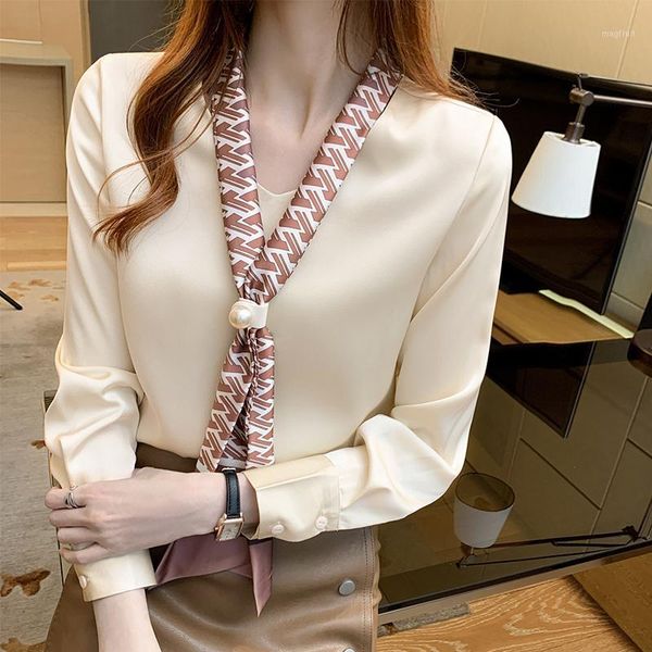 

shirt women 2020 autumn new korean version of v-neck temperament long-sleeved shirt simple style blouse1, White