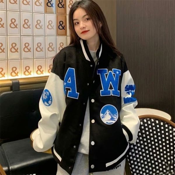 

women letter print baseball uniform 2021 single breasted patchwork oversize jacket korean style harajuku bomber coat 220217, Black;brown