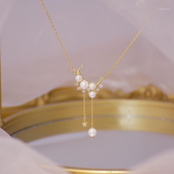

korean new arrive 14k real gold moon pearl necklace micro inlaid zircon tassel kolye bohemia jewelry pendant birthday gift1, Silver