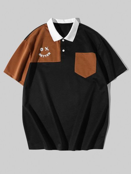 

men letter graphic colorblock patched pocket polo shirt y3fg#, White;black